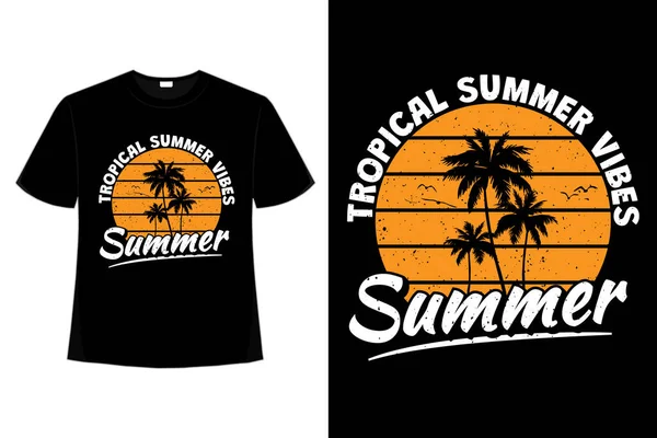 Shirt Tropische Zomer Vibes Palm Strand Hemel Retro Vintage Stijl — Stockvector