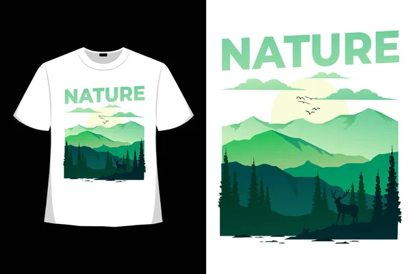 Shirt Φύση Περιπέτεια Ελάφι Καλοκαίρι Βουνό Vintage Εικονογράφηση — Διανυσματικό Αρχείο
