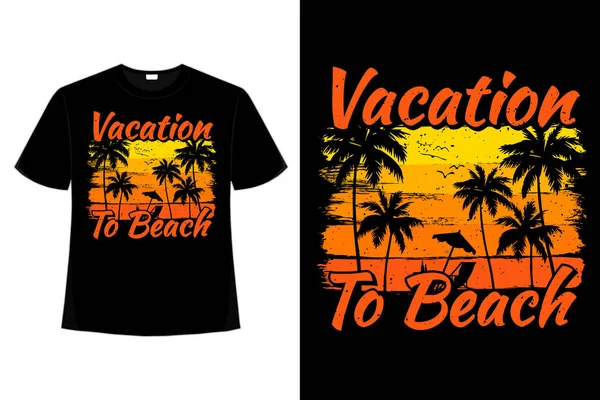 Camiseta Vacaciones Playa Palmera Puesta Del Sol Estilo Cepillo Retro — Archivo Imágenes Vectoriales