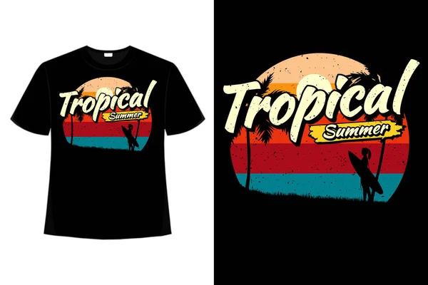 Shirt Tropische Zomer Surfen Strand Stijl Retro Vintage Illustratie — Stockvector