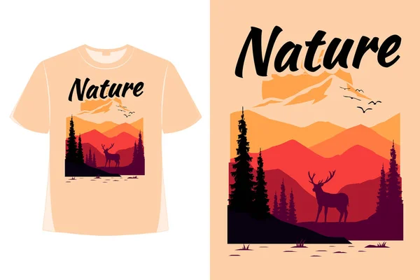 Shirt Design Natureza Montanha Cervo Verão Pôr Sol Mão Desenhada — Vetor de Stock