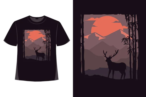 自然山の夜の鹿手描きスタイルのヴィンテージイラストTシャツデザイン — ストックベクタ