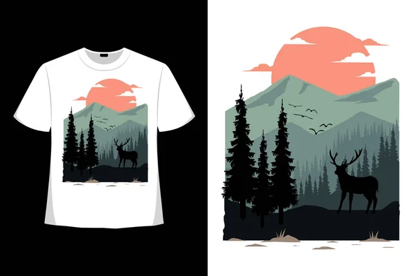 Camiseta Diseño Montaña Plana Ciervos Naturaleza Dibujado Mano Estilo Vintage — Vector de stock