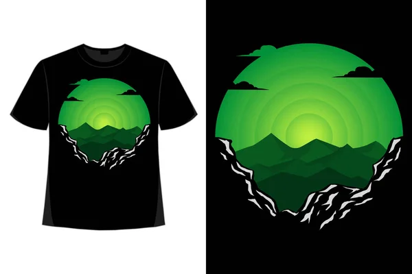 Doğal Dağ Cenneti Nin Tişört Tasarımı Yeşil Stil Antika Illüstrasyon — Stok Vektör