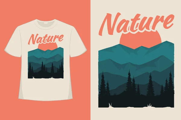 Shirt Projekt Przyrody Krajobraz Góry Płaskie Strony Rysowane Styl Vintage — Wektor stockowy