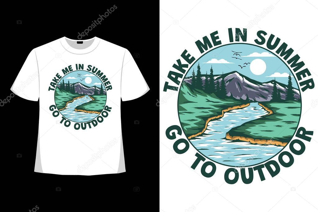 T-shirt summer outdoor nature life lake hand drawn retro vintage style
