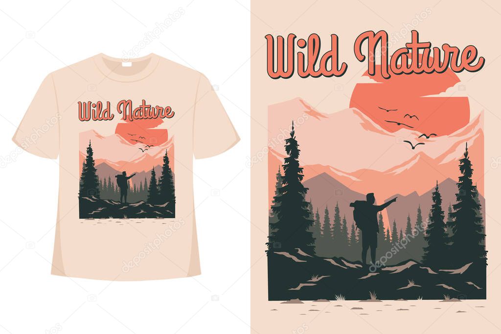 T-shirt wild nature mountain pine summer vintage retro flat style illustration