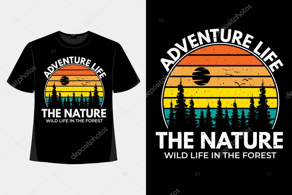 T-shirt design of nature wild life adventure pine retro vintage illustration