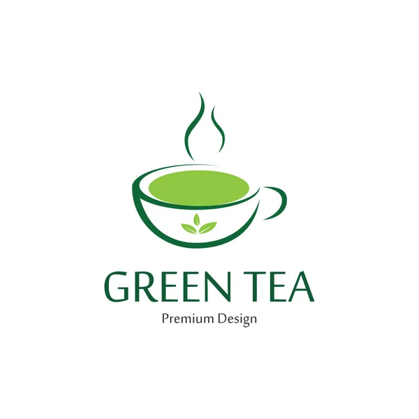 Herbal Green Tea Logo Design Chá Verde Uma Copa Vector — Vetor de Stock