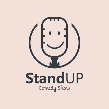 Mikrofonlu Stand Up Komedi Logosu Simgesi. Vektör Çizimi El Tasarımı.