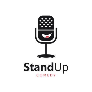 Mikrofonlu Stand Up Komedi Logosu Simgesi. Vektör Çizimi El Tasarımı.