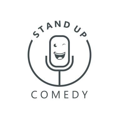 Mikrofonlu Stand Up Komedi Logosu Simgesi. Vektör Çizimi El Tasarımı.
