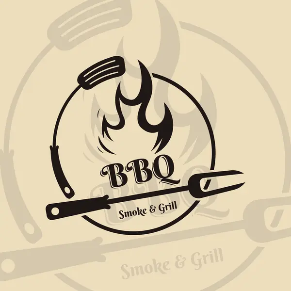 Smoke Bbq Grill Grill Vintage Design Krzyżowaną Spatulą Płomieniem Wektor Stockowy