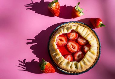 delicious cake with strawberries and raspberries on a pink background