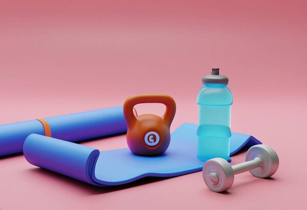 fitness equipment and towel on pink background