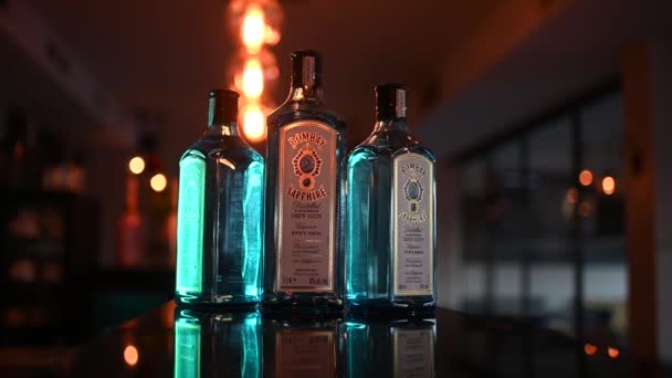 Wetzlar Germany 2024 Gin Bombay Sapphire Bar Counter Light Effects — Stock Video