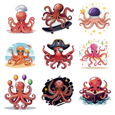 Ahtapot simgeleri sanat seti. Web tasarımı için ahtapot vektör simgelerinin karikatür çizimi