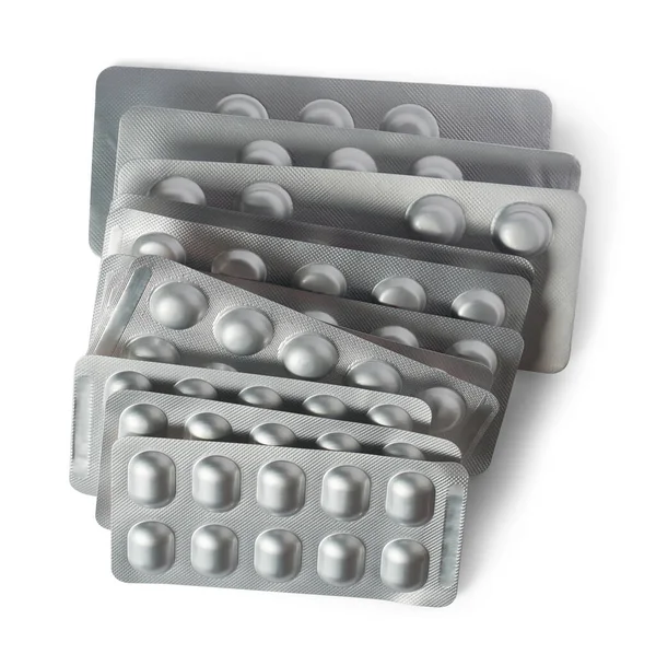 Olika Storlek Silver Färg Blisterförpackningar Medicinska Läkemedel För Allergier Antibiotika — Stockfoto