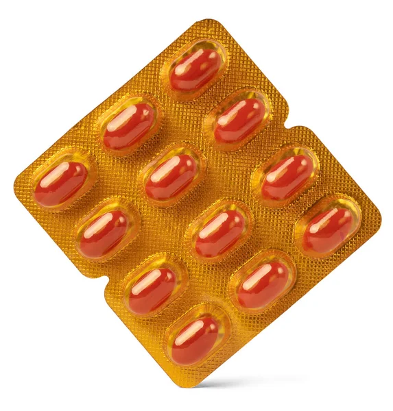 Mall För Mjuka Röda Gelatinkapslar Blisterförpackning Vitaminpiller För Att Förbättra — Stockfoto