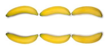 Taze olgun muz arkaplan deseni, beyaz arkaplanda izole edilmiş sarı meyve, tasarlamak için yiyecekten yapılmış çerçeve