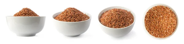 Sada Celozrnné Tmavě Hnědé Rýže Misce Také Nazývané Fialová Rýže — Stock fotografie