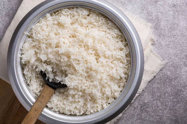 Pot Cooked White Basmati Rice Wooden Spoon Just Cooked Long — Stock Photo, Image