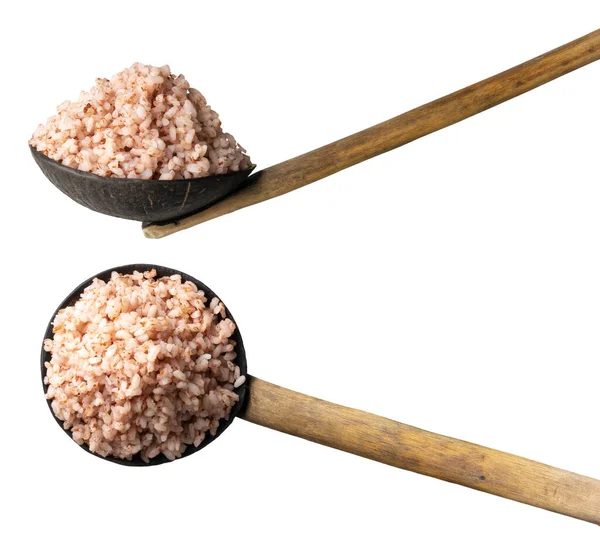 Coconut Shell Spoon Full Cooked Whole Grain Brown Rice Different — Stock Photo, Image