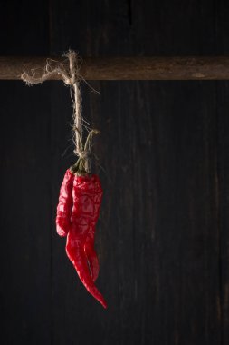 Hindistan cevizi kabuğu ipliğiyle kırmızı kırmızı biber asılmış. Koyu kırsal ahşap arka planda izole edilmiş ve fotokopi alanı olan.