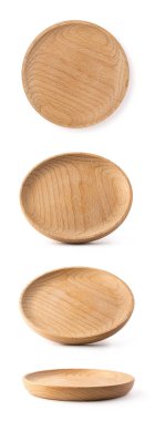 Beyaz arkaplanda izole edilmiş boş tahta tabak veya çanak koleksiyonu, farklı açılar, yakın çekim, model şablonu