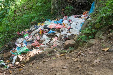Arka bahçedeki plastik çöp yığını, plastik ve atıklarla çevre kirliliği, küresel ısınma ve ekolojik sorun kavramı