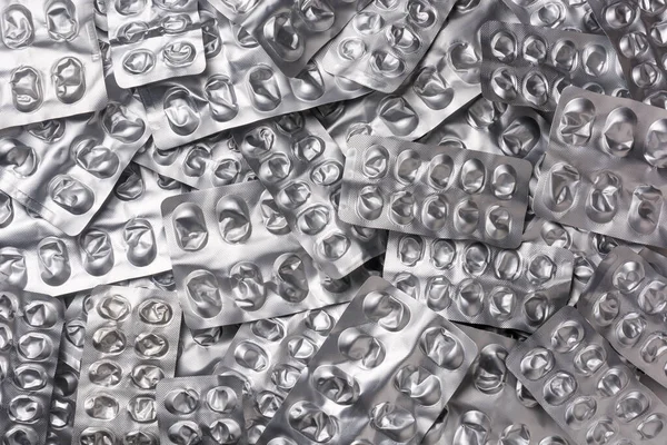 Används Tomma Piller Blisterförpackningar Silver Medicin Paket Bakgrund Behandling Och — Stockfoto