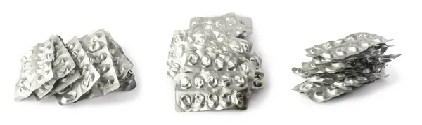 Χρησιμοποιημένες Κενές Συσκευασίες Κυψελών Χαπιών Ασημένια Πακέτα Φαρμάκων Που Λαμβάνονται — Φωτογραφία Αρχείου