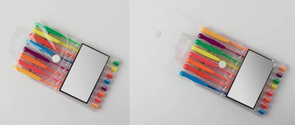 Confezione Otto Penne Colorate Set Custodia Multicolore Sfera Con Etichetta — Foto Stock
