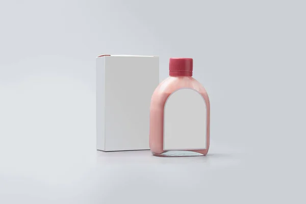 Beżowa Butelka Kremowa Pustą Etykietą Czerwonym Wieczkiem Czystym Pudełkiem Wzór — Zdjęcie stockowe
