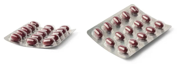 Röda Järntabletter Blisterförpackningar Vitaminpiller För Att Förbättra Järnnivån Blodet Läkemedelsförpackningar — Stockfoto