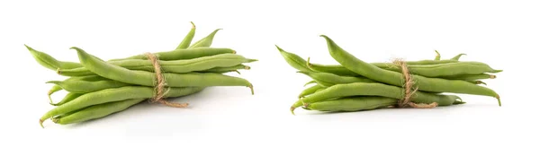 白い背景に分離された緑の豆の束 フランス豆として知られています 文字列豆やスナップ 別の角度で新鮮な収穫野菜 コレクション — ストック写真