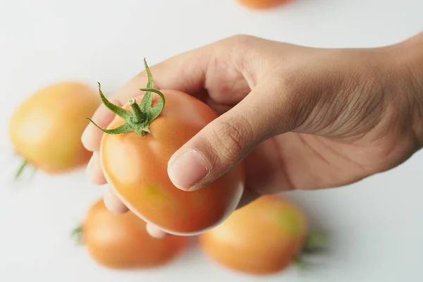 Close Van Hand Met Een Rijpe Tomaat Met Wazige Achtergrond — Stockfoto