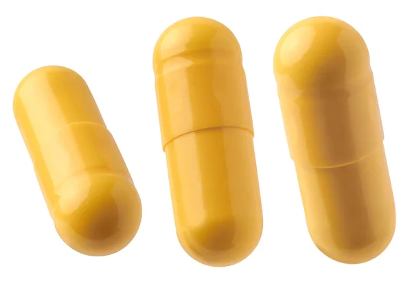 Pílulas Cápsulas Gelatina Amarela Medicamento Médico Oral Preenchido Com Forma — Fotografia de Stock