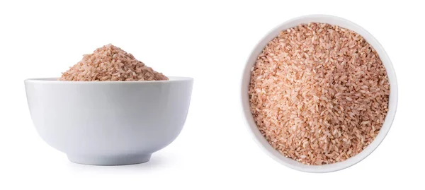 Sada Celozrnné Hnědé Rýže Misce Izolované Bílém Pozadí — Stock fotografie