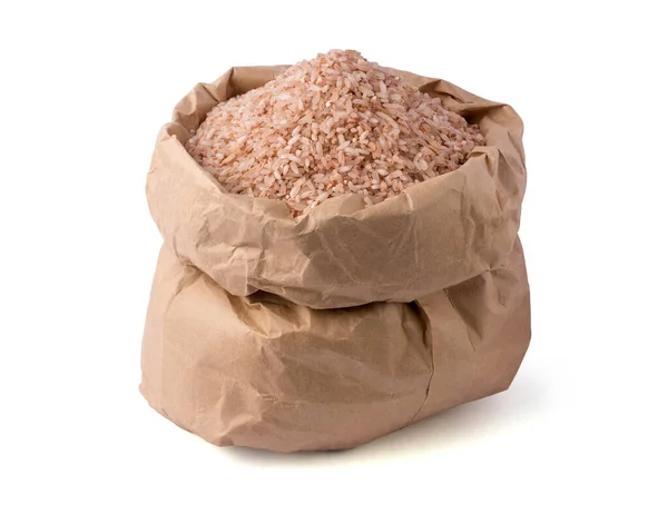 Бумажный Пакет Полный Цельного Зерна Коричневого Риса Белом Фоне — стоковое фото