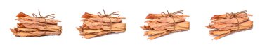 chopped firewood bundle, pieces of hardwood tied up with a rope or a code, isolated in white background, different angles view clipart