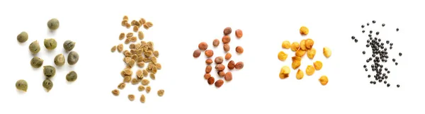 各种各样的蔬菜种子 从左到右 Okra或女士的手指 西红柿 白萝卜 辣椒和猪草种子 从白色背景分离出来 — 图库照片