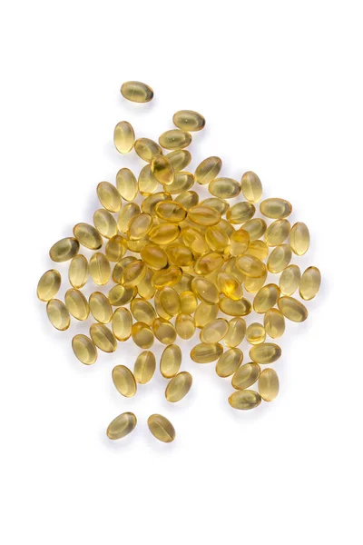 Ölkapseln Omega Fettsäuren Und Vitaminergänzung Isoliert Auf Weißem Hintergrund Nahaufnahme — Stockfoto