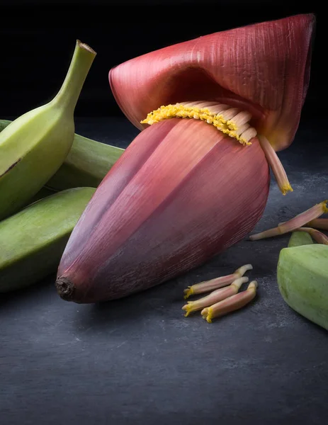Plantain Frêne Banane Verte Crue Avec Fleur Banane Également Connue — Photo