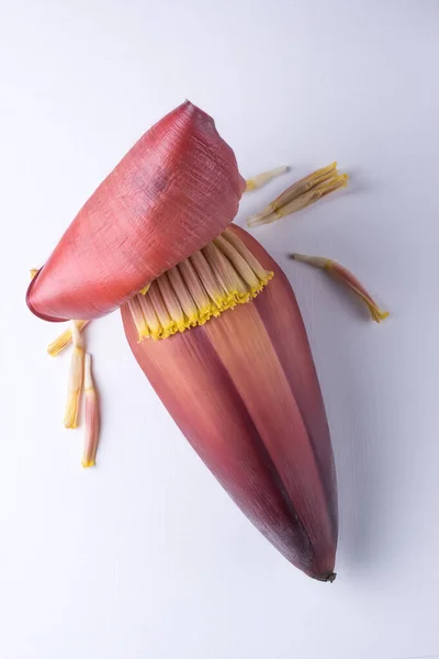 Muz Çiçeği Olarak Bilinen Muz Çiçeği Beyaz Yüzeyde Sebze Yukarıdan — Stok fotoğraf
