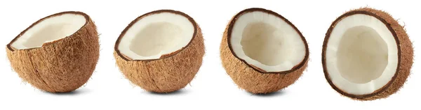 一套不同角度的椰子 多才多艺 用途广泛的热带水果 医药和工业用途 分离于白色背景 浓密的棕色毛皮和生食肉质肉 — 图库照片