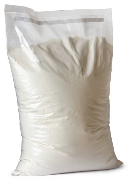小麦粉の透明プラスチック製の袋 白い背景に隔離されたサイドビュー 調理やベーキングのための成分の空白のパッケージモックアップテンプレート — ストック写真