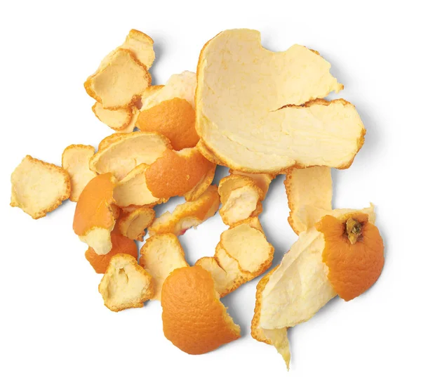 Pomerančová Slupka Roztroušená Izolovaná Bílém Pozadí Hustá Pomerančová Slupka Pokrývá — Stock fotografie