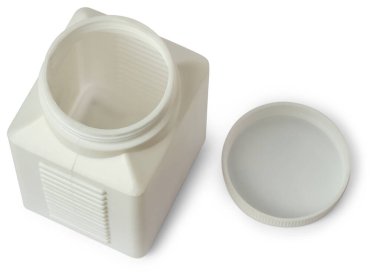 beyaz arkaplan izole edilmiş beyaz kare plastik şişe, boş deponun üst görünümü, grafik tasarımı için konteynır model şablonu