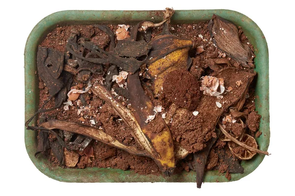 pile of food waste or scraps, collecting used tea powder, banana peels, eggshells and left over organic food that is thrown away for making natural organic fertilizer, cheap organic compost